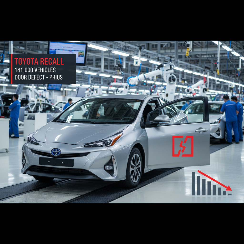 A silver Toyota Prius with its door open, featuring an overlaid defect icon and a declining bar graph.