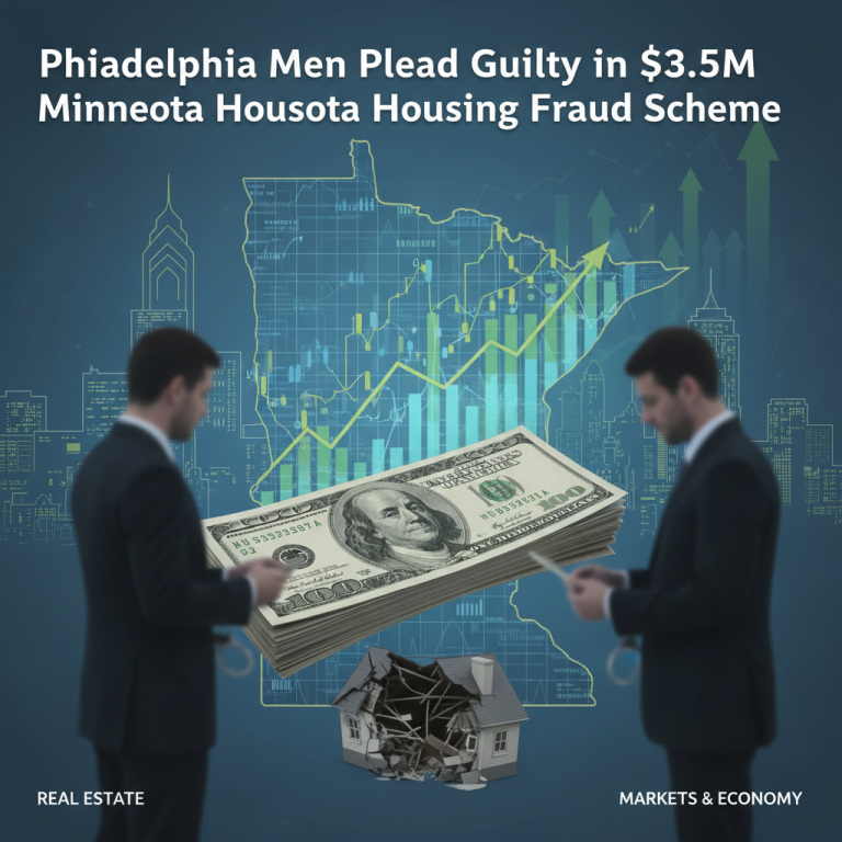 Two men in suits, handcuffed, with a house collapsing, money, and an outline of Minnesota with an upward trend.