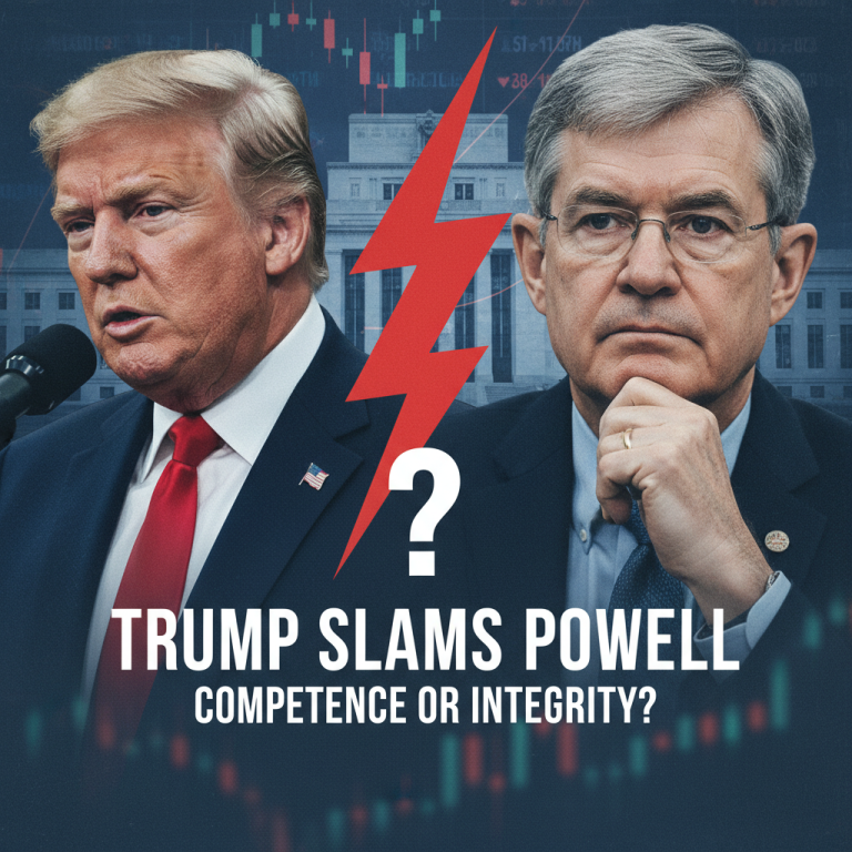 Split image of Donald Trump and Jerome Powell with a lightning bolt and question mark, symbolizing conflict and doubt.