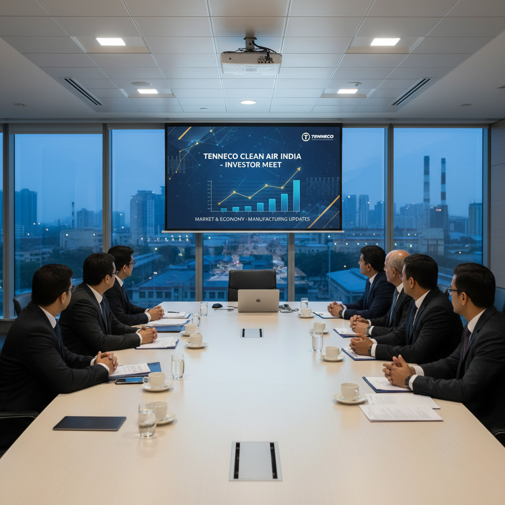 Business professionals in a boardroom discussing "Tenneco Clean Air India - Investor Meet" on a screen.