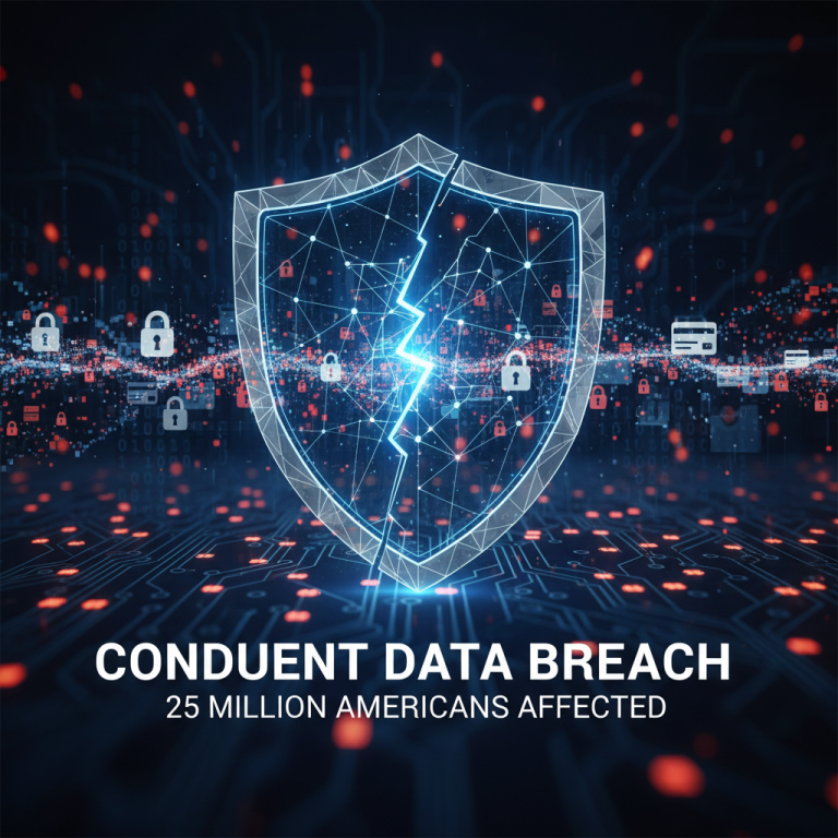 A shattered digital shield with a glowing crack, surrounded by floating padlock icons and abstract data on a circuit board background, representing a data breach.