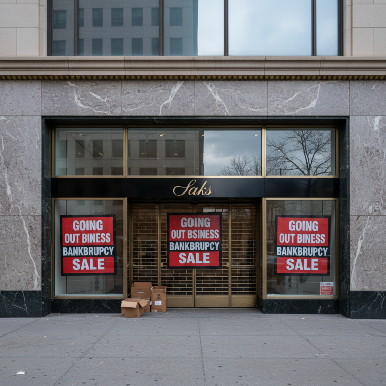 A storefront with "GOING OUT BUSINESS BANKRUPCY SALE" signs in the windows.