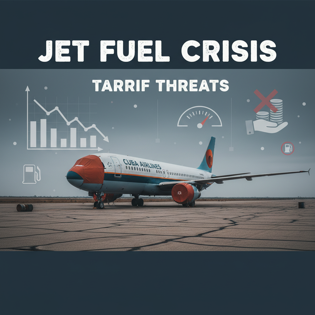 An airplane on a tarmac with "Cuba Airlines" text and graphics representing fuel shortages and economic downturn.
