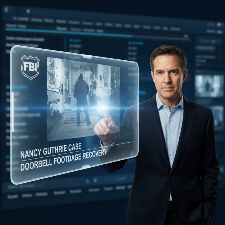 A man in a suit interacting with a holographic screen displaying "Nancy Guthrie Case: Doorbell Footage Recovery" and an FBI logo.