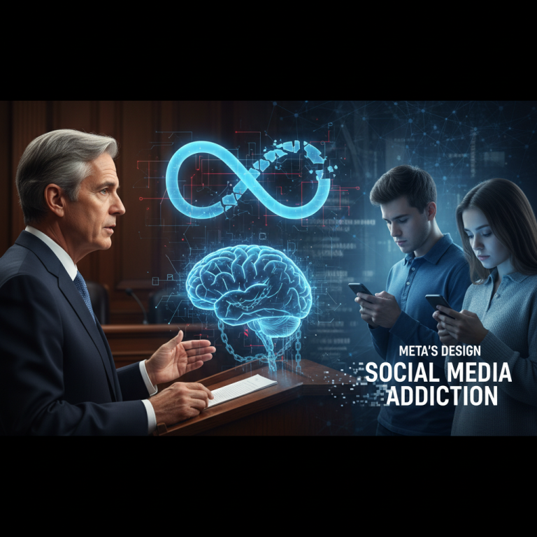 A psychiatrist speaks in a courtroom with an infographic on social media addiction.