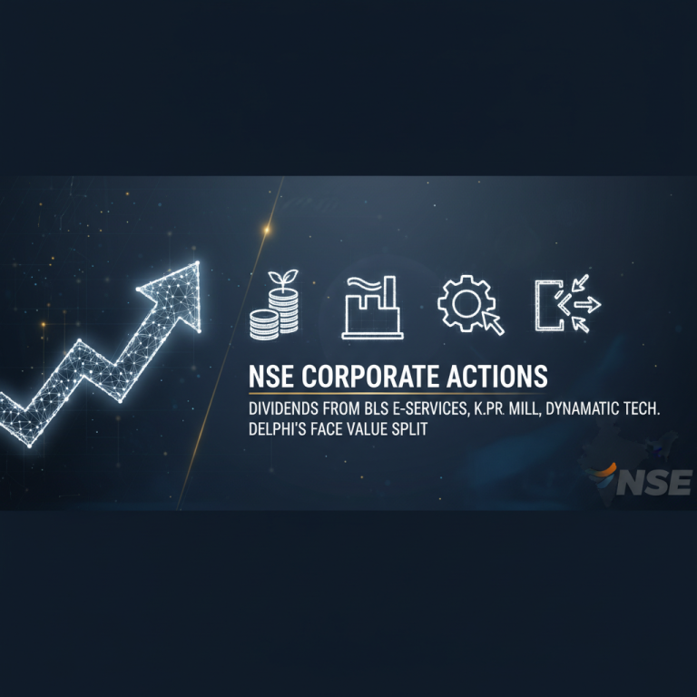 A digital graphic representing corporate actions with icons for dividends, industry, technology, and stock splits against a market growth arrow.