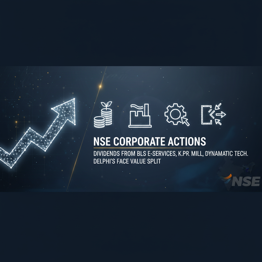 A digital graphic representing corporate actions with icons for dividends, industry, technology, and stock splits against a market growth arrow.