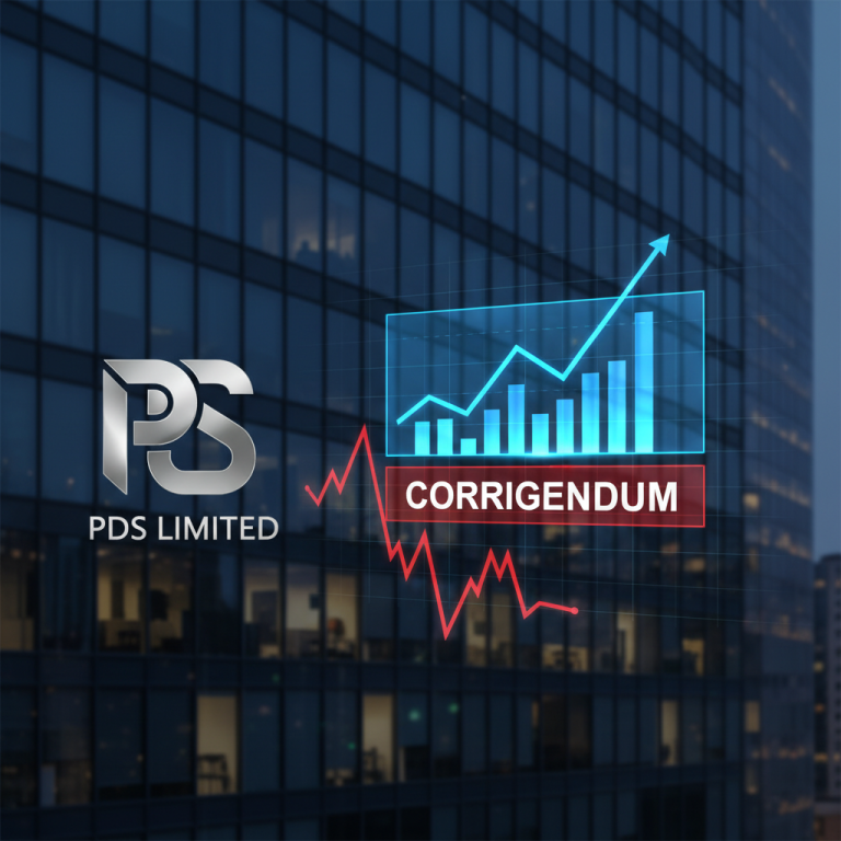 PDS Limited logo with a graph showing market trends and a red "CORRIGENDUM" box, set against a modern building.