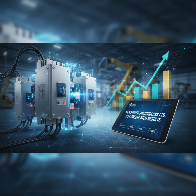 A professional image showing switchgears, a rising stock graph, and a tablet displaying "S&S Power Switchgears Ltd. Q3 Consolidated Results."