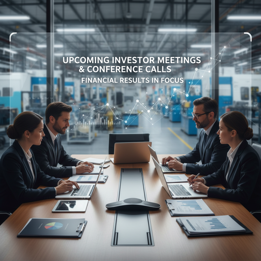 Four professionals in suits at a conference table with laptops and financial charts, overlaid with data visualizations.