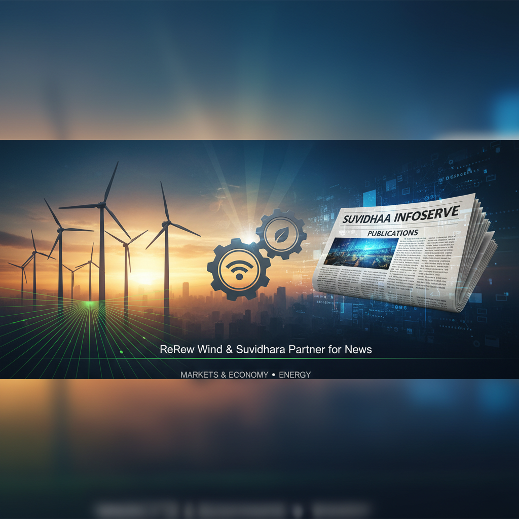 A banner image showing wind turbines, digital elements, and a newspaper with "Suvidhaa Infoserve Publications" headline.