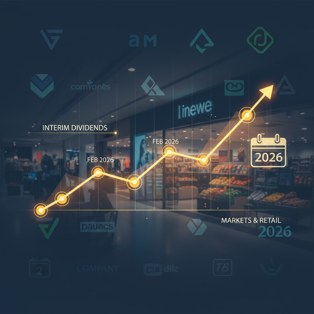 A professional visual representing interim dividends announcements with a rising arrow chart over a blurred retail store background.