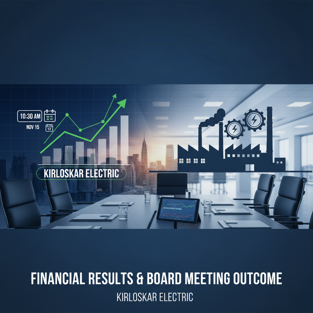 A professional image with a graph showing growth, a factory silhouette, and a modern boardroom, representing Kirloskar Electric.