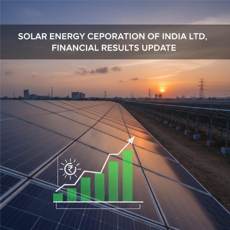Solar panels at sunset with an overlayed upward-trending bar graph and Indian Rupee symbol.