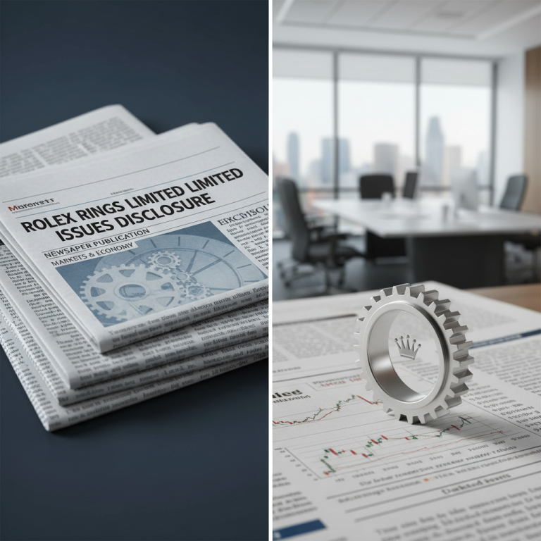 A newspaper headlines "Rolex Rings Limited Issues Disclosure" with gears and financial charts, set in a professional context.