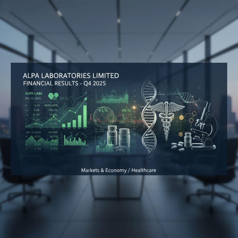 A professional image blending financial charts, a caduceus, DNA strands, microscope, and pharmaceutical products, representing Alpa Laboratories' financial report in healthcare and markets.