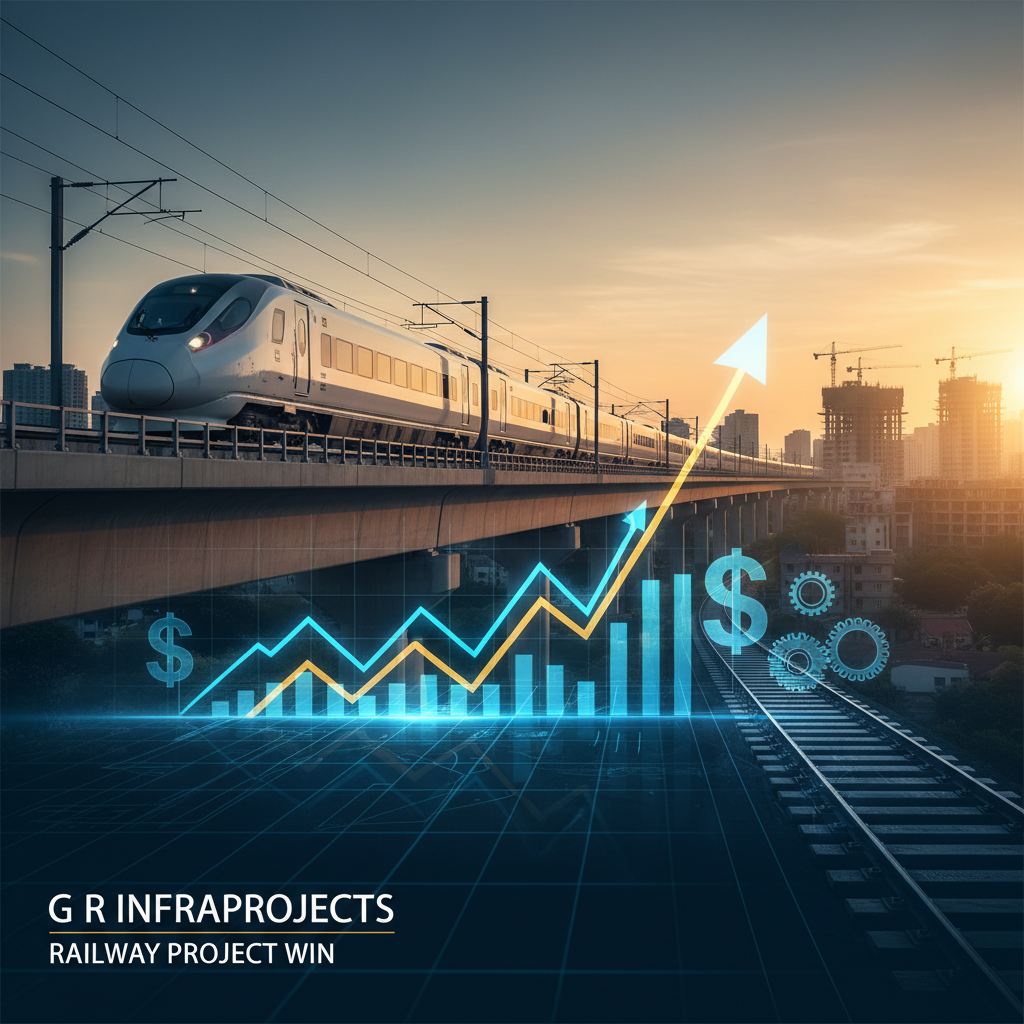 High-speed train on elevated tracks at sunset, with an overlaid glowing financial growth chart and dollar signs.