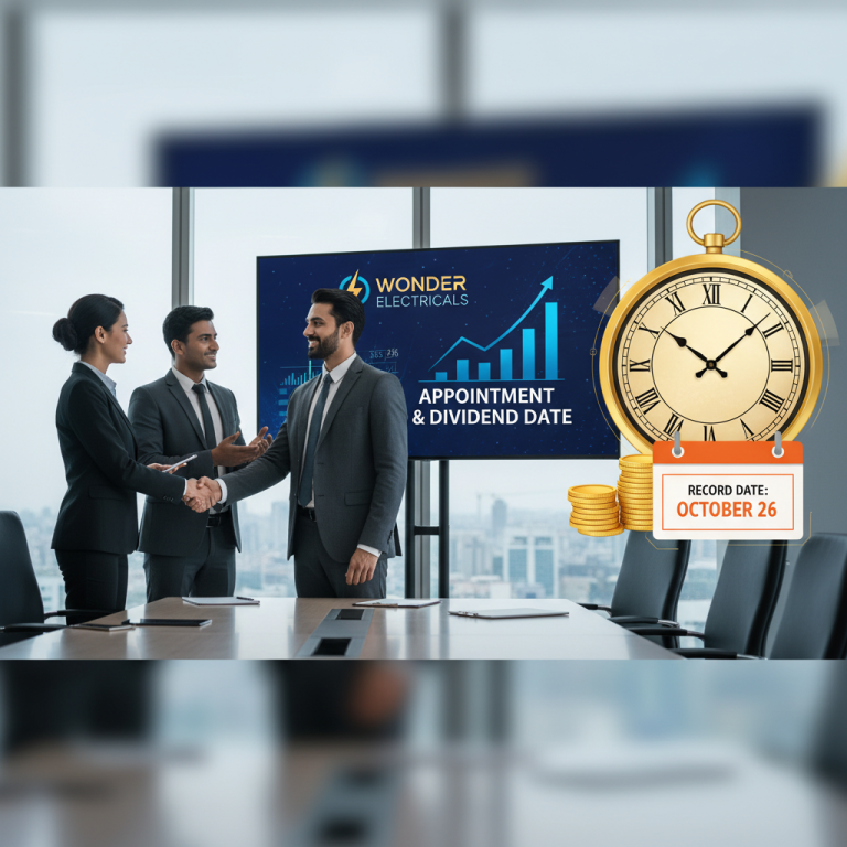 Business professionals shaking hands in a boardroom, with a screen displaying "Wonder Electricals: Appointment & Dividend Date".
