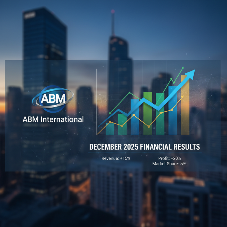 A professional graphic overlaying a city skyline, showing ABM International's logo and "December 2025 Financial Results" with positive growth charts.