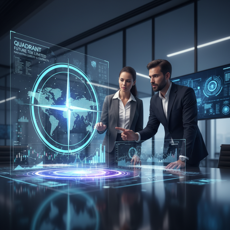 Two professionals interacting with a futuristic holographic display showing global market data and charts.