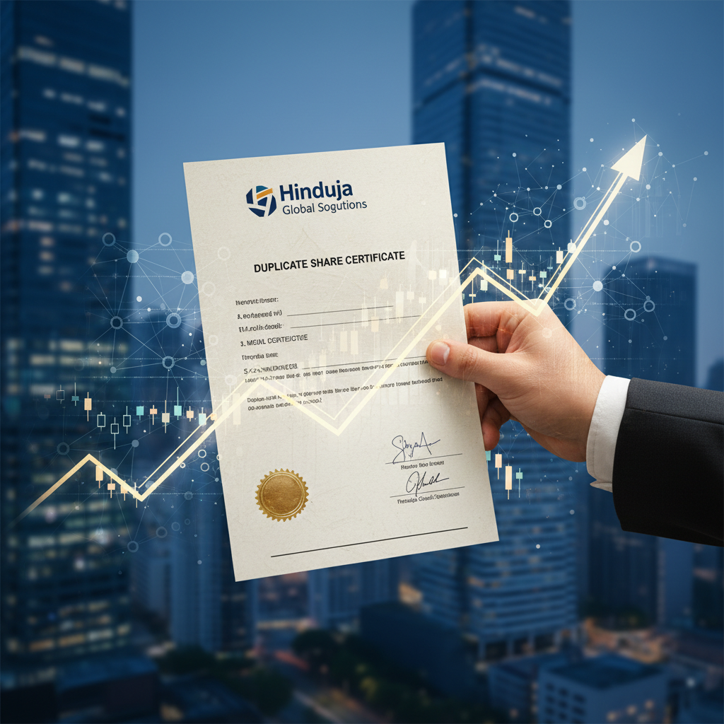 Hand holding a duplicate share certificate with a financial growth chart overlay and city skyline background.