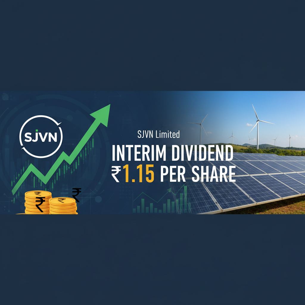A banner image for SJVN Limited's interim dividend, featuring financial growth graphics and renewable energy assets.