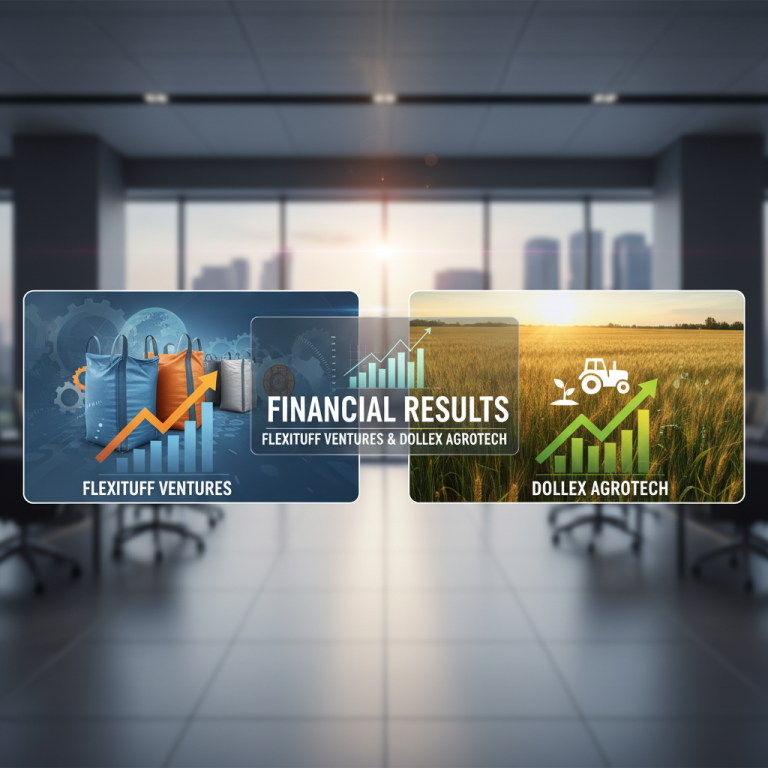 A professional image with digital screens showing financial data for Flexituff Ventures and Dollex Agrotech in an office.