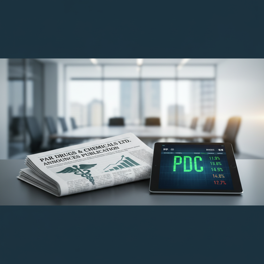 Newspaper and tablet displaying market data and the "PDC" logo, set in a professional office.