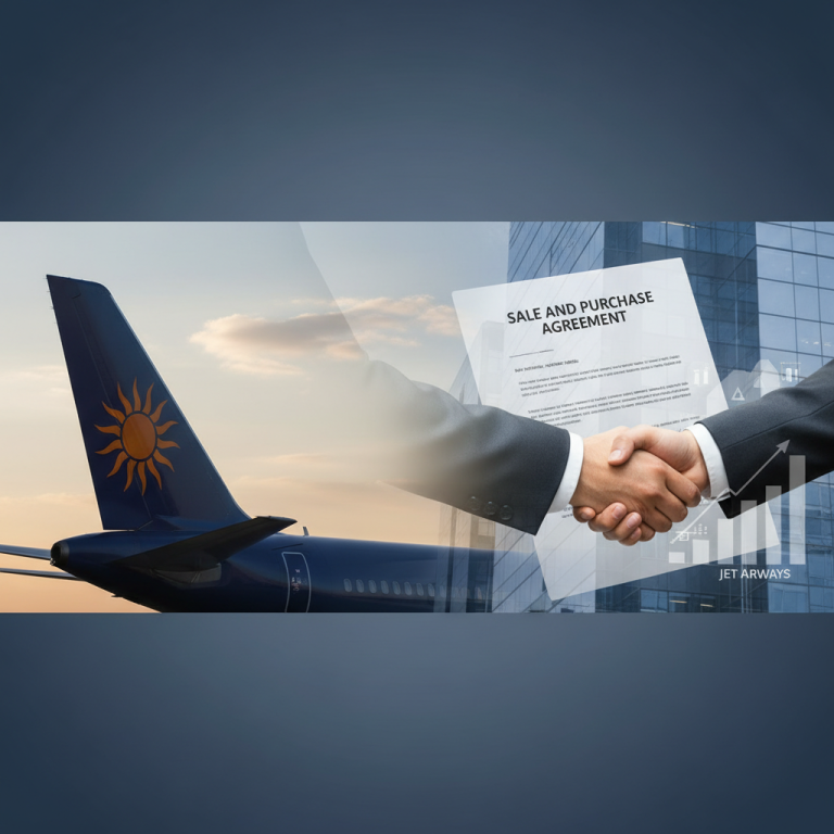 Two businessmen shaking hands over a Sale and Purchase Agreement document, with a Jet Airways plane and financial graphics.