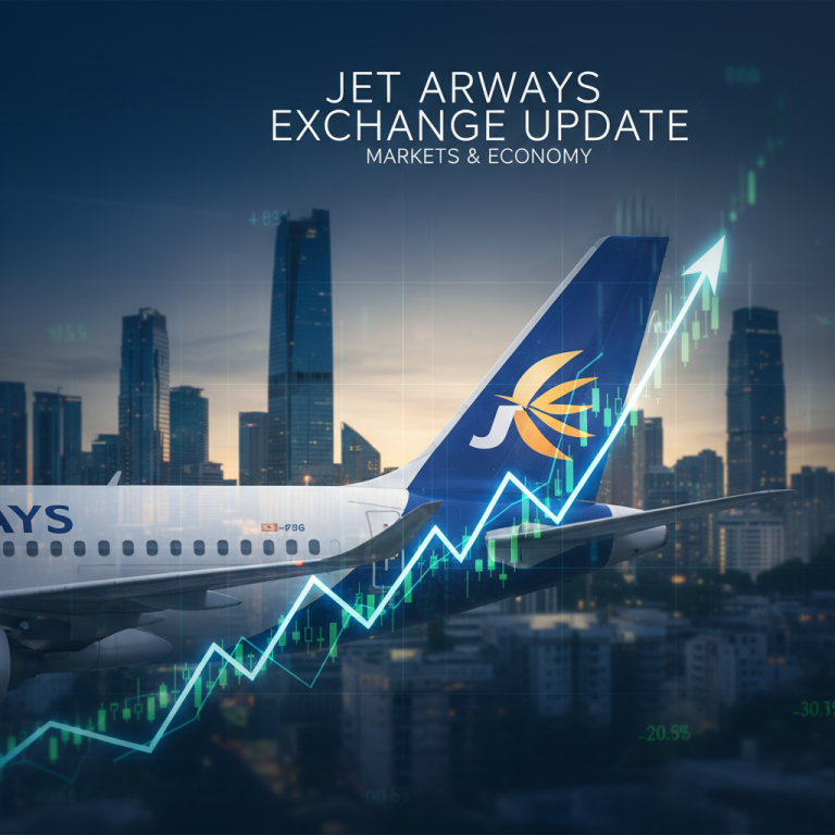 Jet Airways plane with an upward trending stock graph superimposed, against a city skyline at dusk.