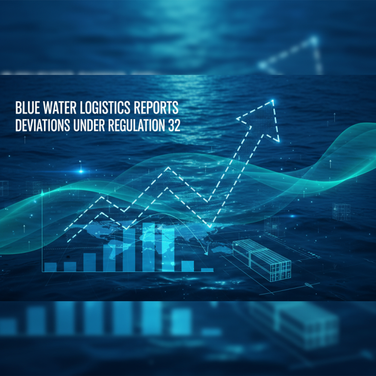 Digital overlay on blue water showing a global map, bar charts, an upward arrow, and cargo containers, representing logistics and financial data.