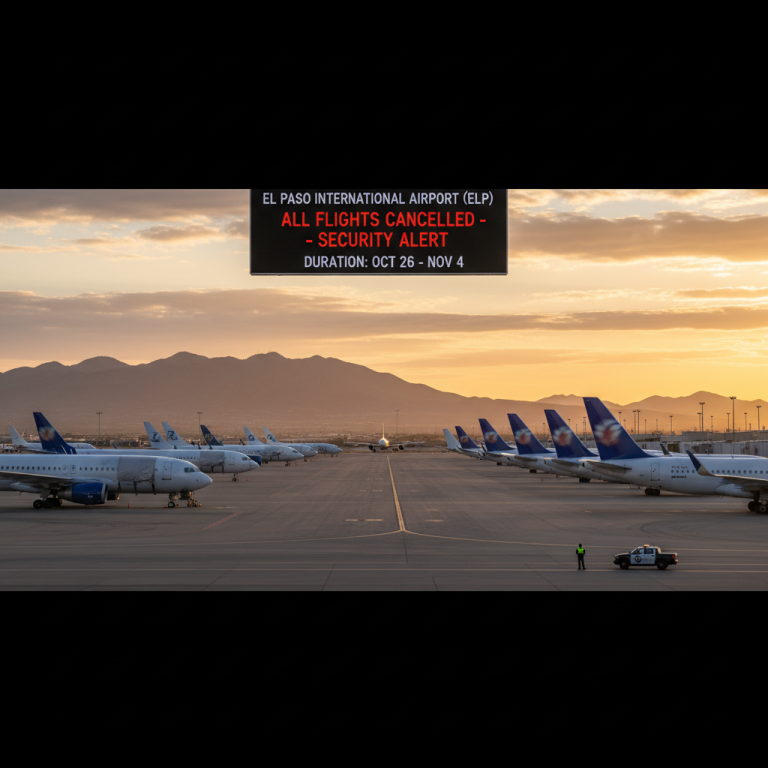 An airport runway at sunset with several grounded planes and a digital sign displaying "ALL FLIGHTS CANCELLED - SECURITY ALERT."