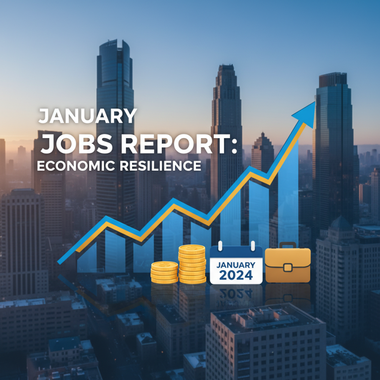 A professional graphic for a jobs report, showing an upward trend over a city skyline.