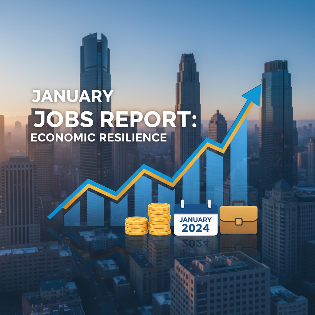 A professional graphic for a jobs report, showing an upward trend over a city skyline.