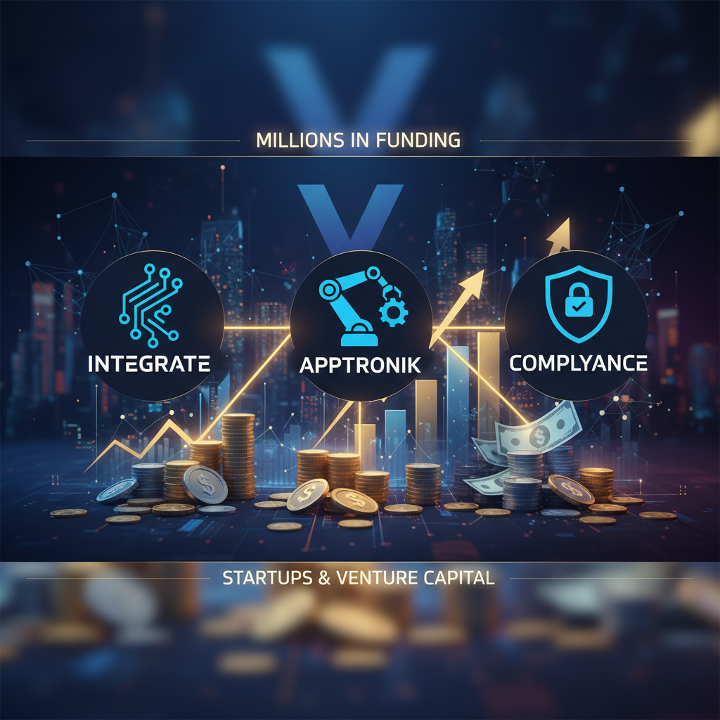 A professional image representing startup funding, with tech icons and growing money stacks against a blurred city background.