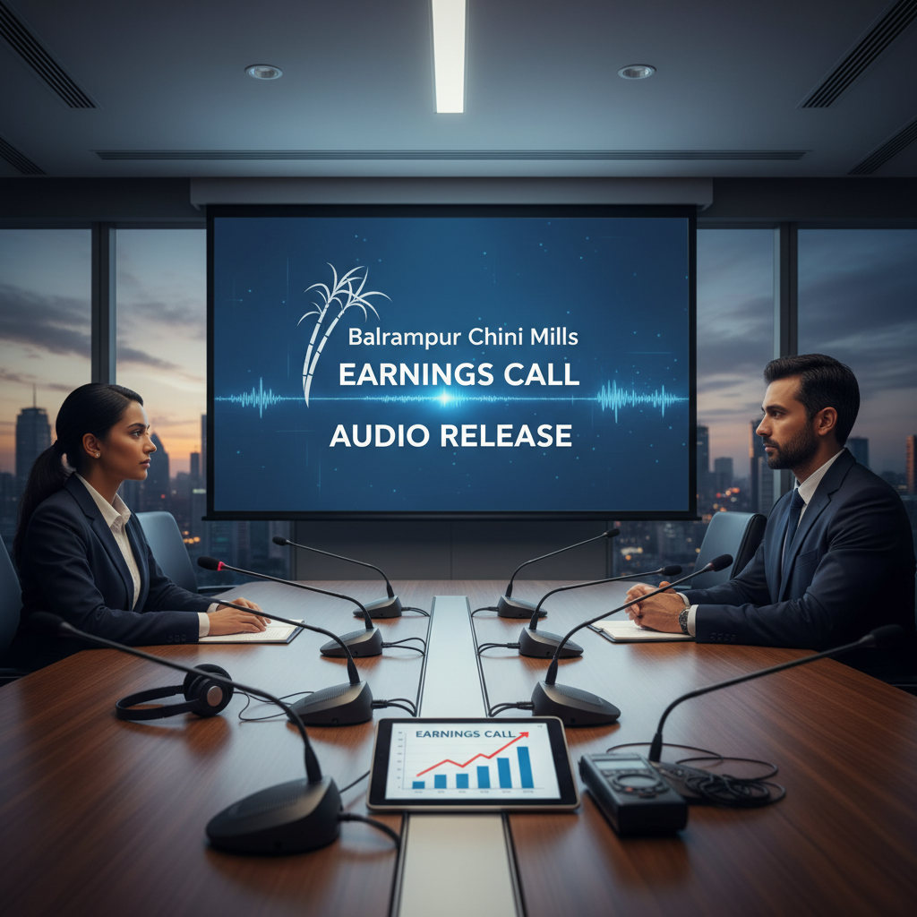 Two professionals in a modern boardroom with a screen displaying "Balrampur Chini Mills Earnings Call Audio Release."