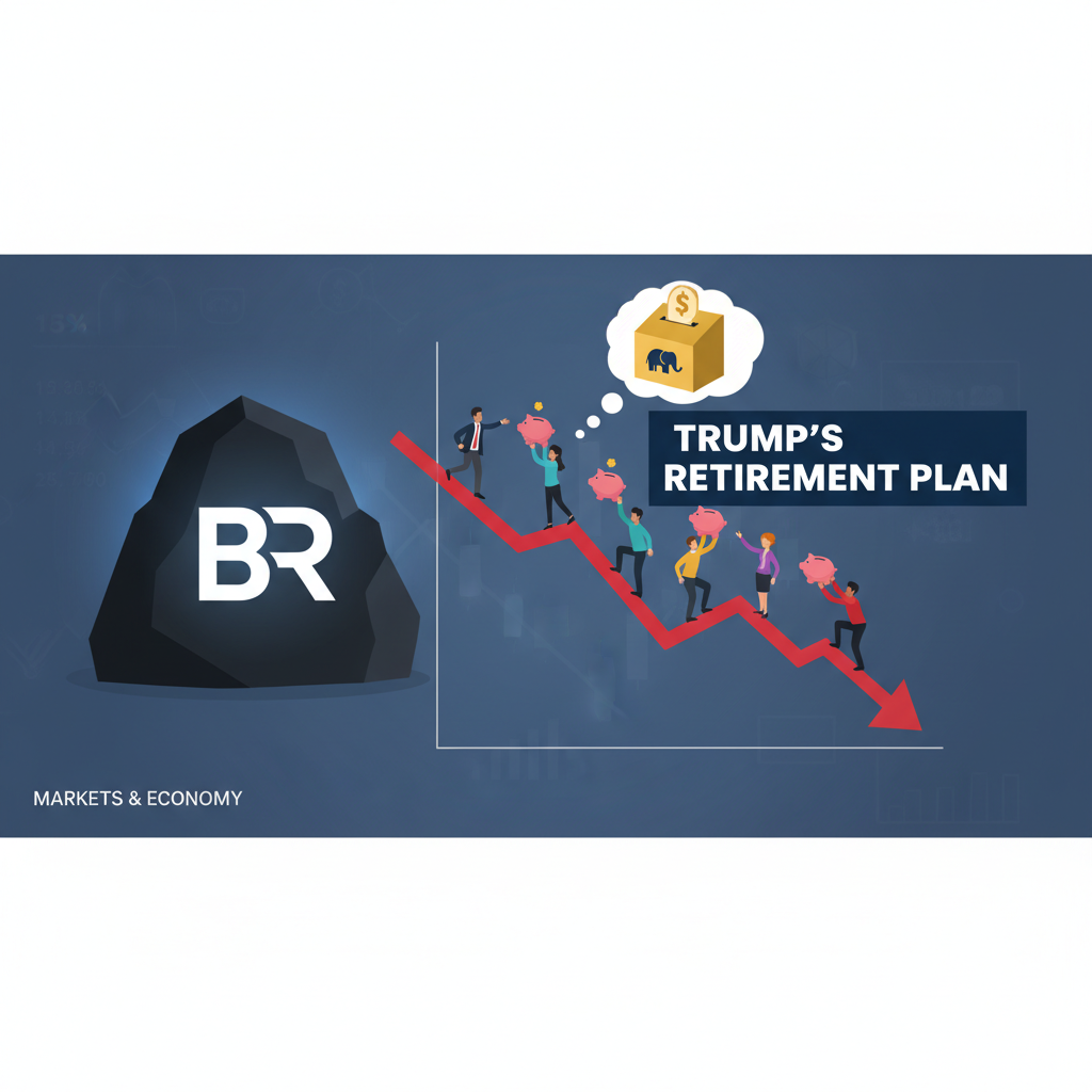 People with piggy banks on a declining chart next to a "BR" rock and "Trump's Retirement Plan" box.