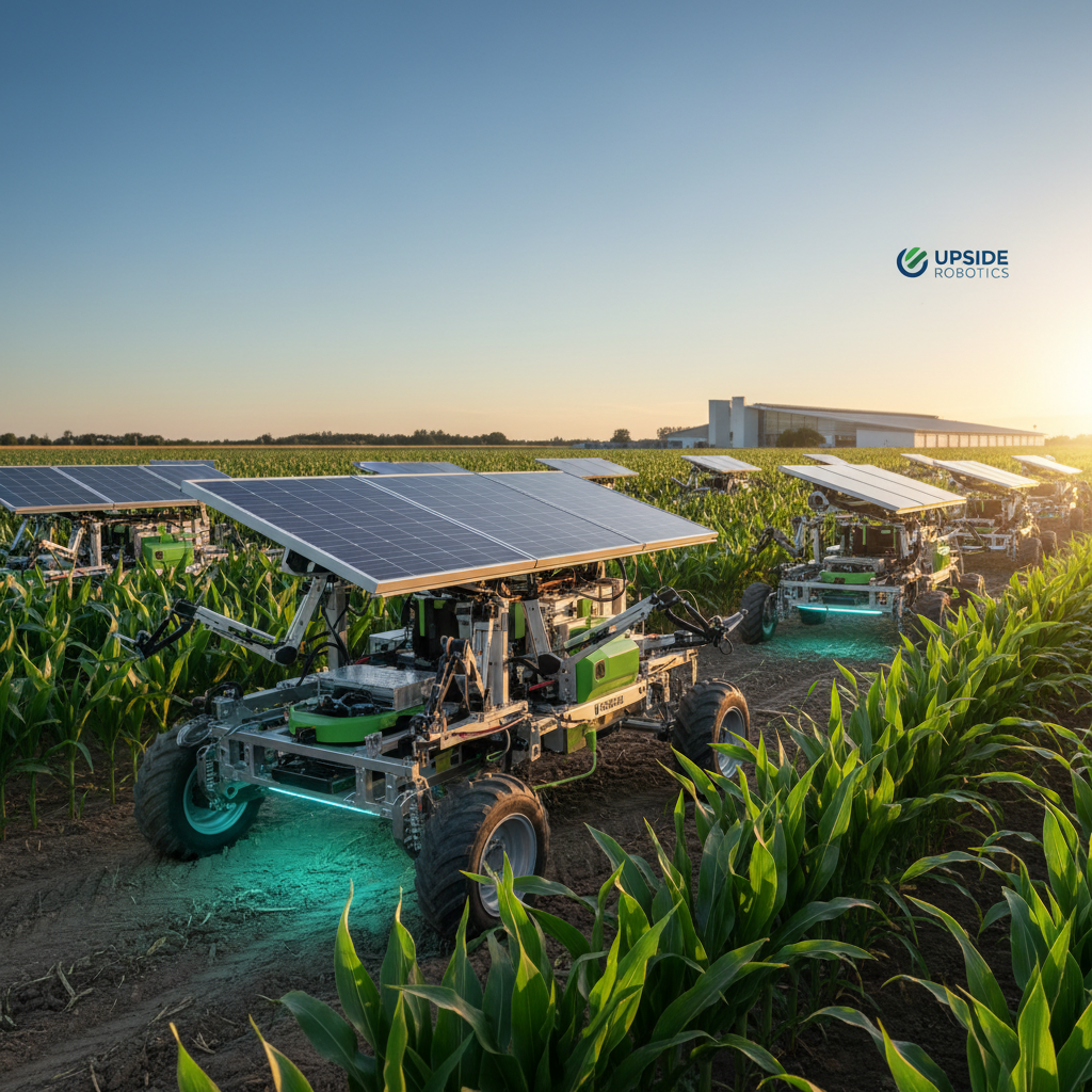 Several solar-powered robots with green accents traverse rows of young corn plants under a rising sun.