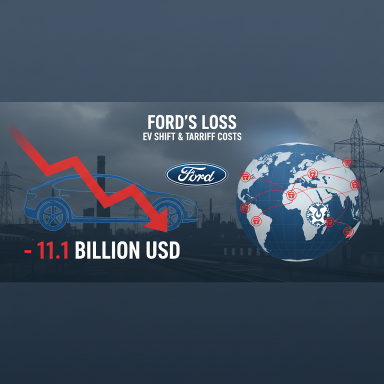 Image illustrating Ford's financial struggles with a downward arrow, an EV outline, and a global trade network.