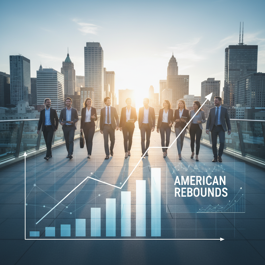 Business professionals walk across a bridge with a city skyline at sunset, overlaid with a growth chart.