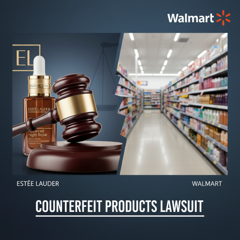 A gavel, Estée Lauder serum, and a Walmart aisle visually represent the lawsuit over counterfeit products.
