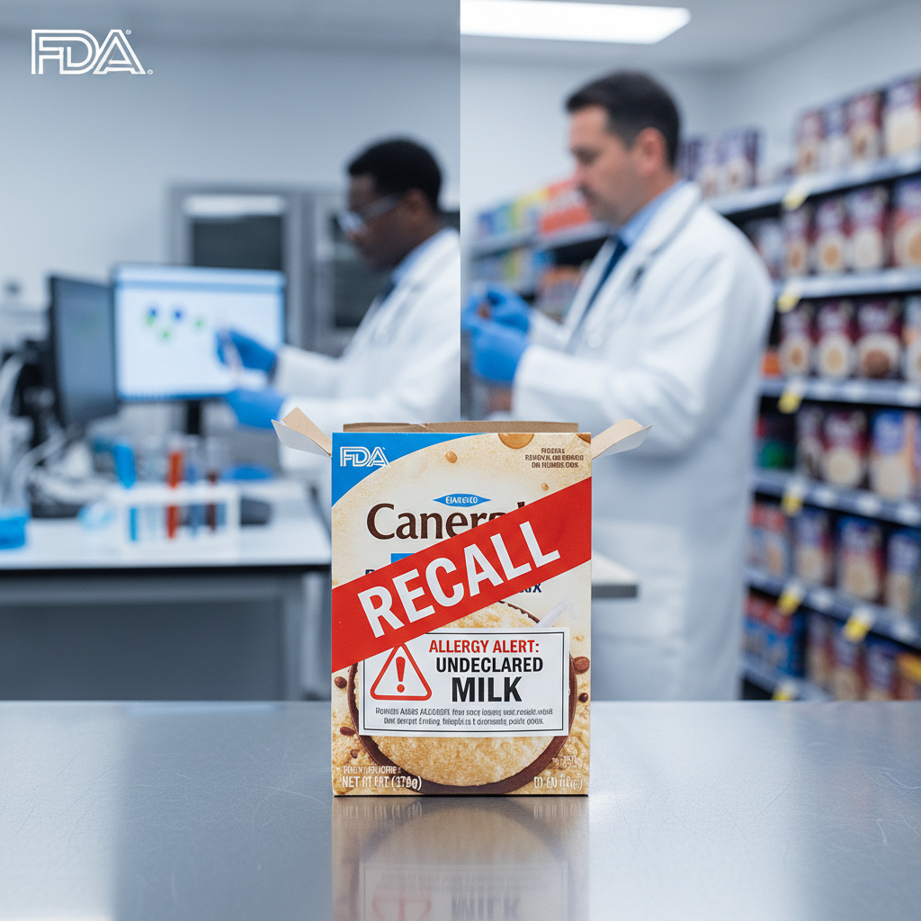 A cake mix box with a "RECALL" label, with FDA scientists in a lab and a retail store in the background.