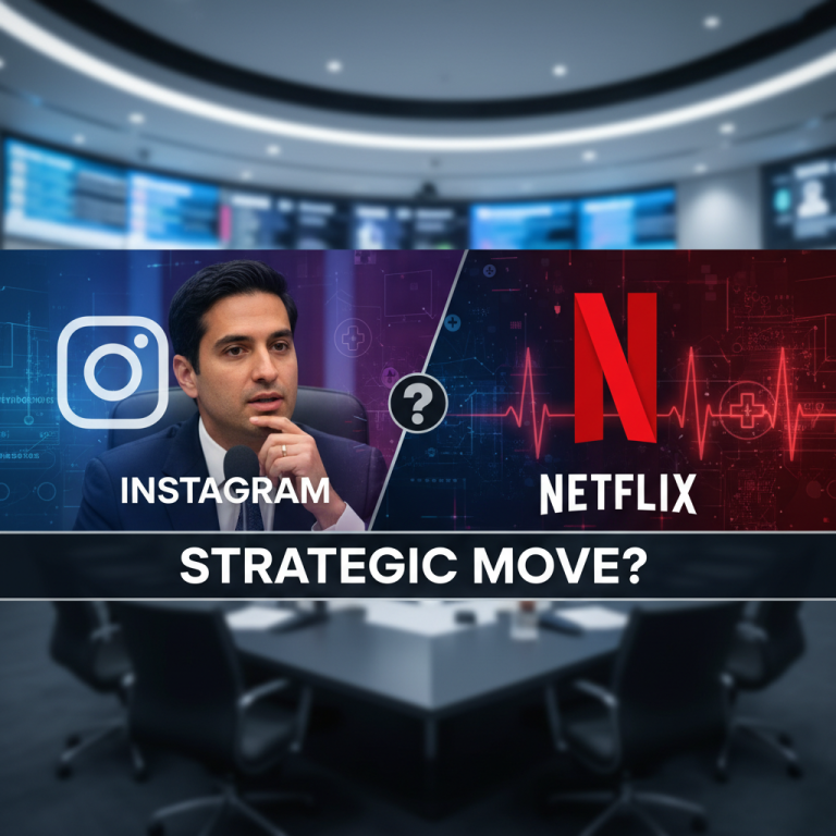 A man in a suit (Instagram Chief) is positioned between the Instagram and Netflix logos, with a question mark.