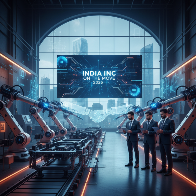 Three professionals in suits observe AI-driven robotic arms in a modern Mumbai factory.