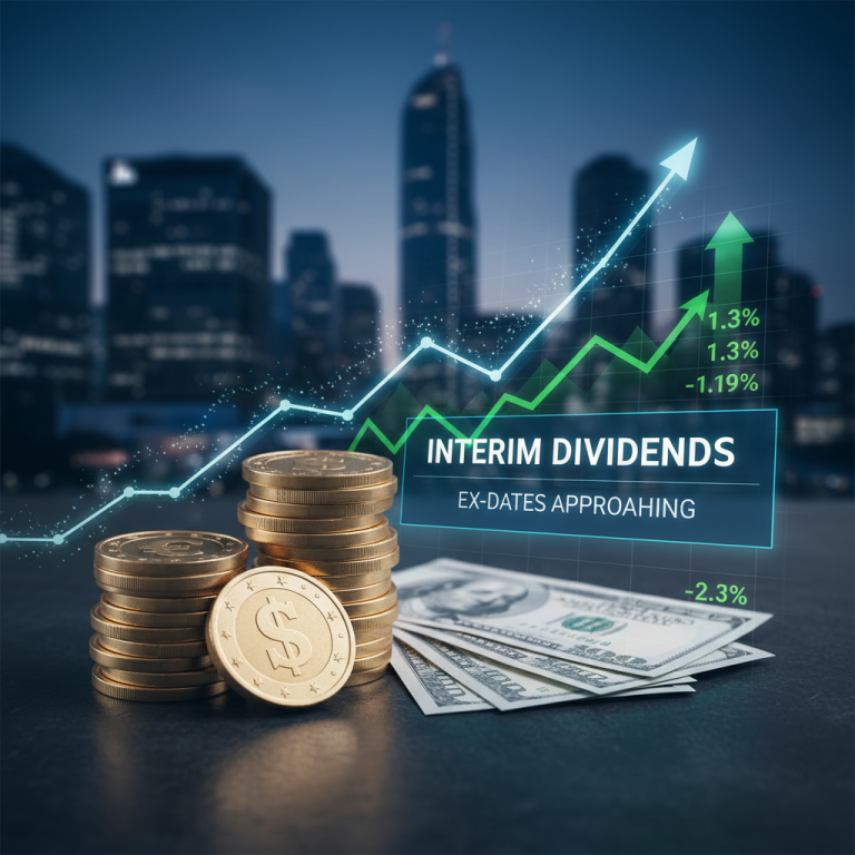 Stacks of gold coins and U.S. dollar bills with a rising stock graph overlay and a city skyline background.