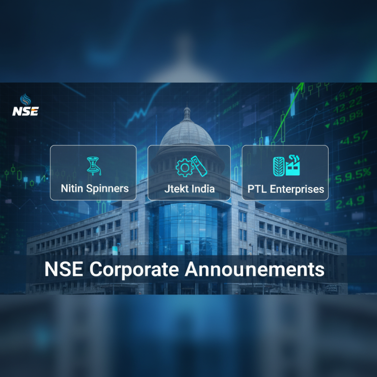 A professional graphic representing corporate announcements from Nitin Spinners, Jtekt India, and PTL Enterprises, set against a financial backdrop.