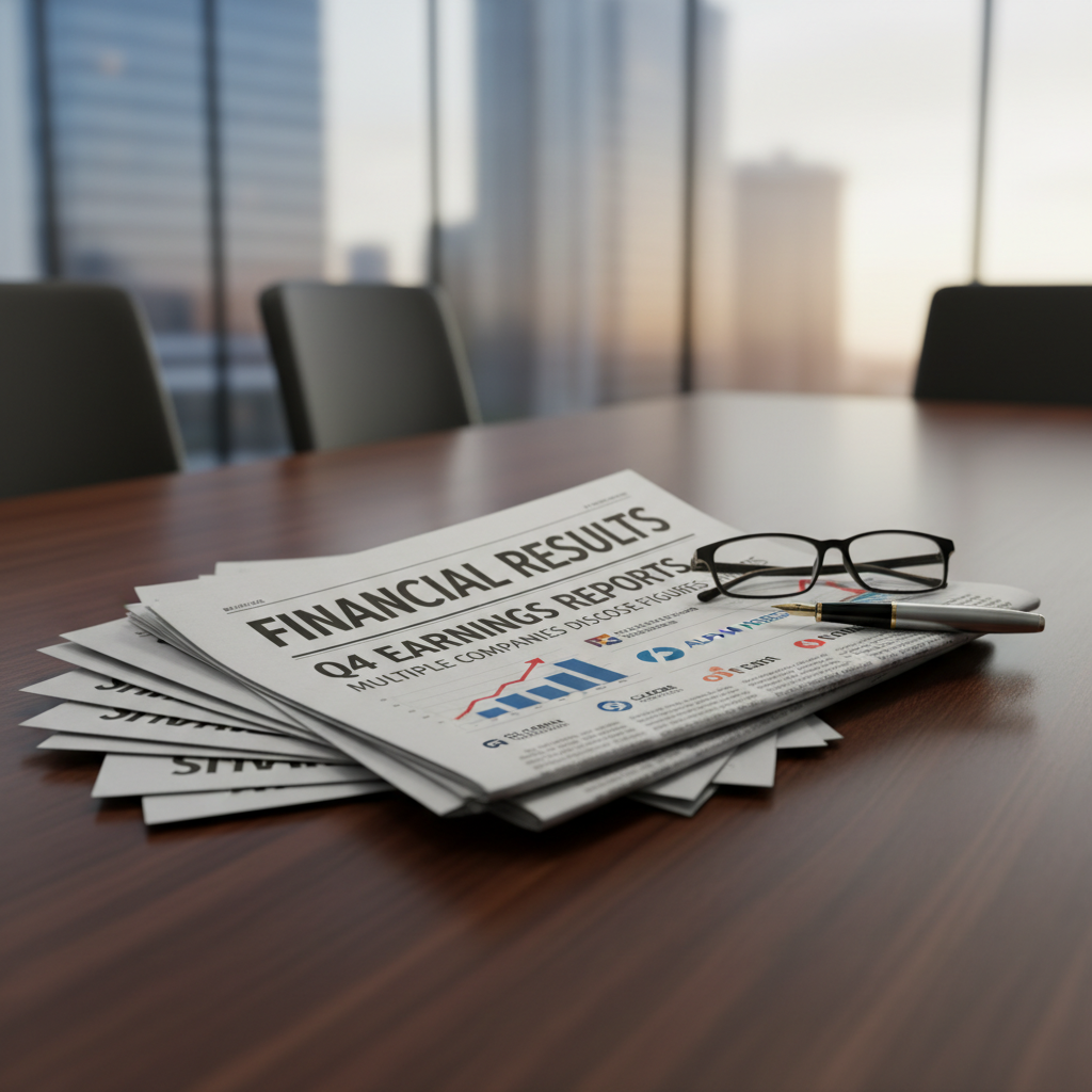 Stack of newspapers titled "Financial Results" with glasses and a pen on a conference table in an office.