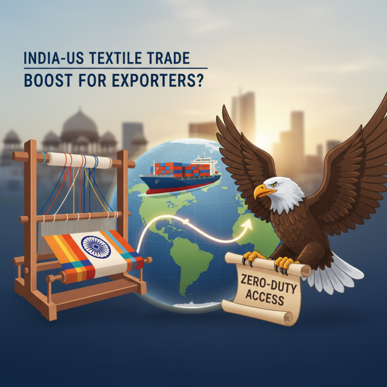 An eagle holding a scroll that reads "Zero-Duty Access" next to a loom with an Indian flag motif, a globe, and a cargo ship.
