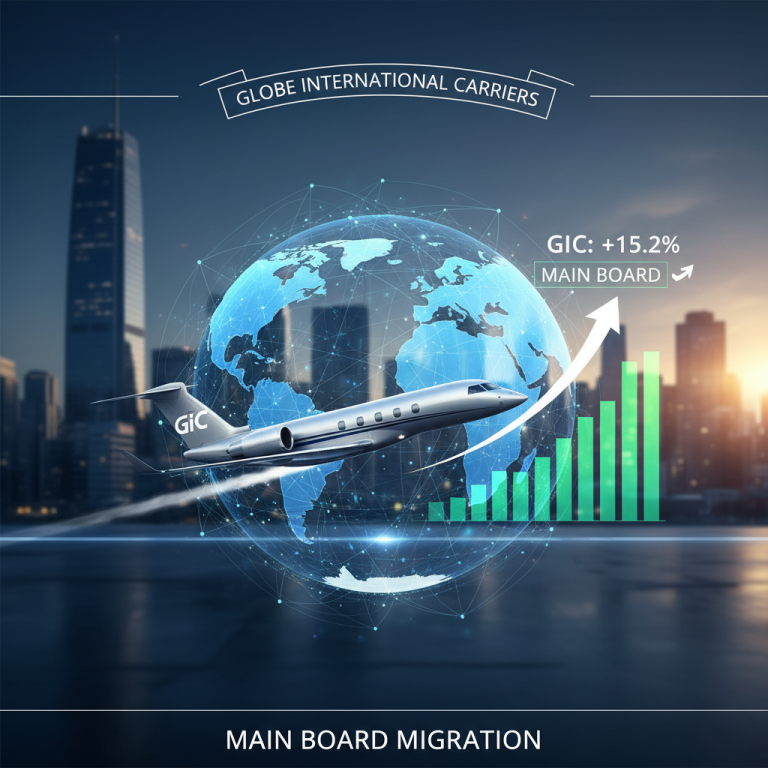 A professional image representing Globe International Carriers' main board migration with a globe, a business jet, and growth charts.