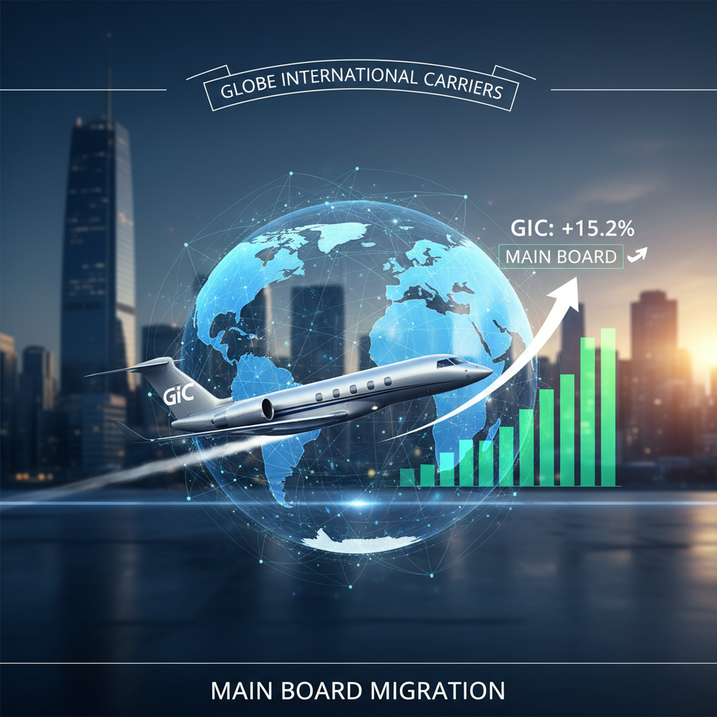 A professional image representing Globe International Carriers' main board migration with a globe, a business jet, and growth charts.